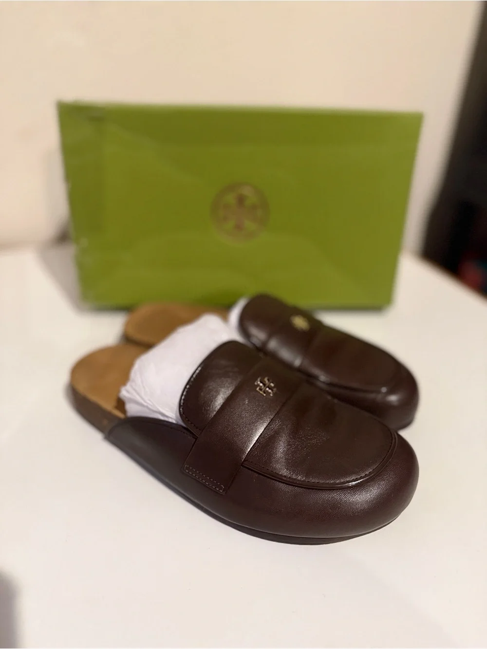 Tory Burch Everly cork leather mules deep mocha brown size 6.5 like new w/box